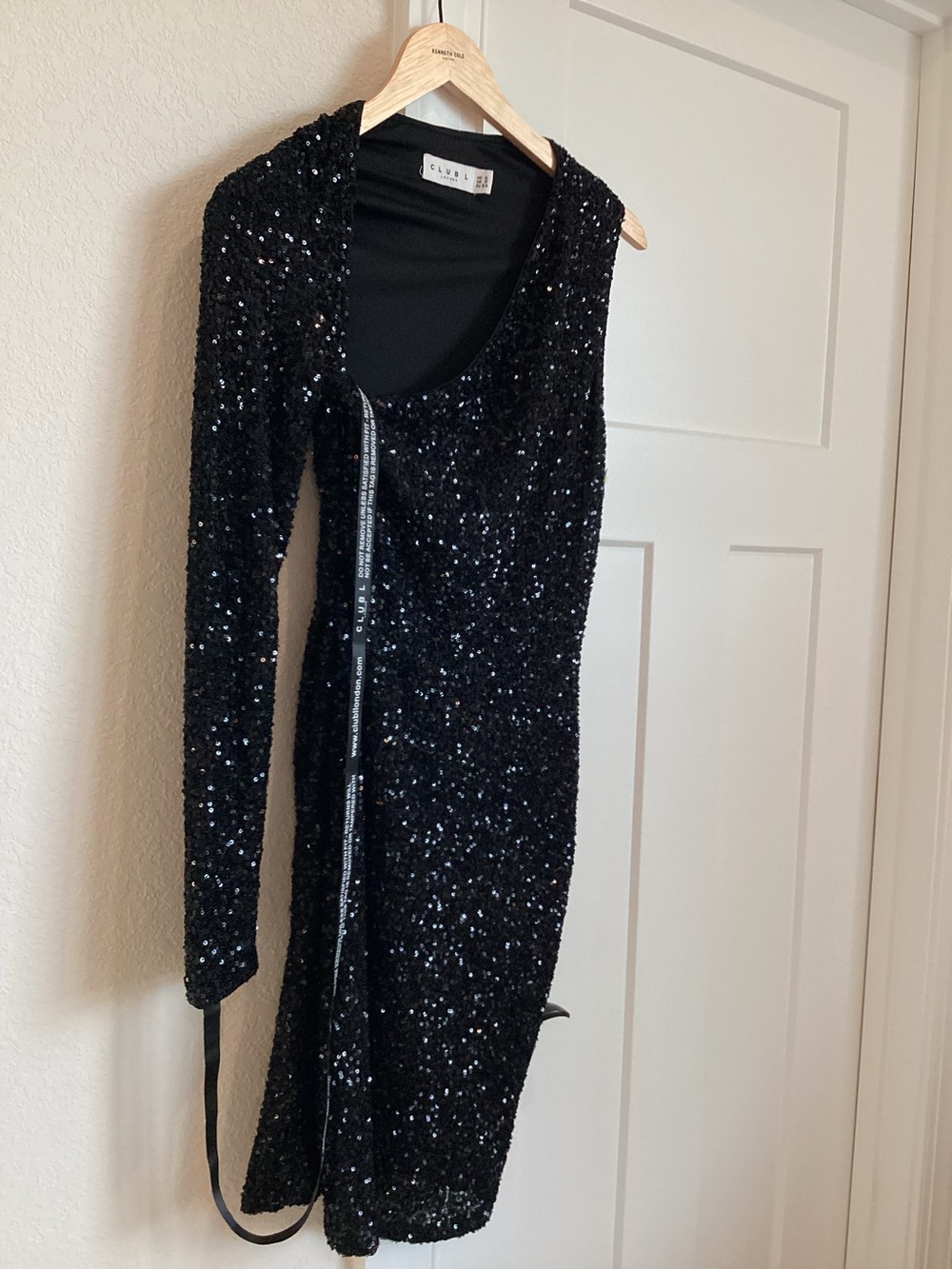 CLUB L London One-Sleeve One-Shoulder Black Sequin Dress NEW Size 2